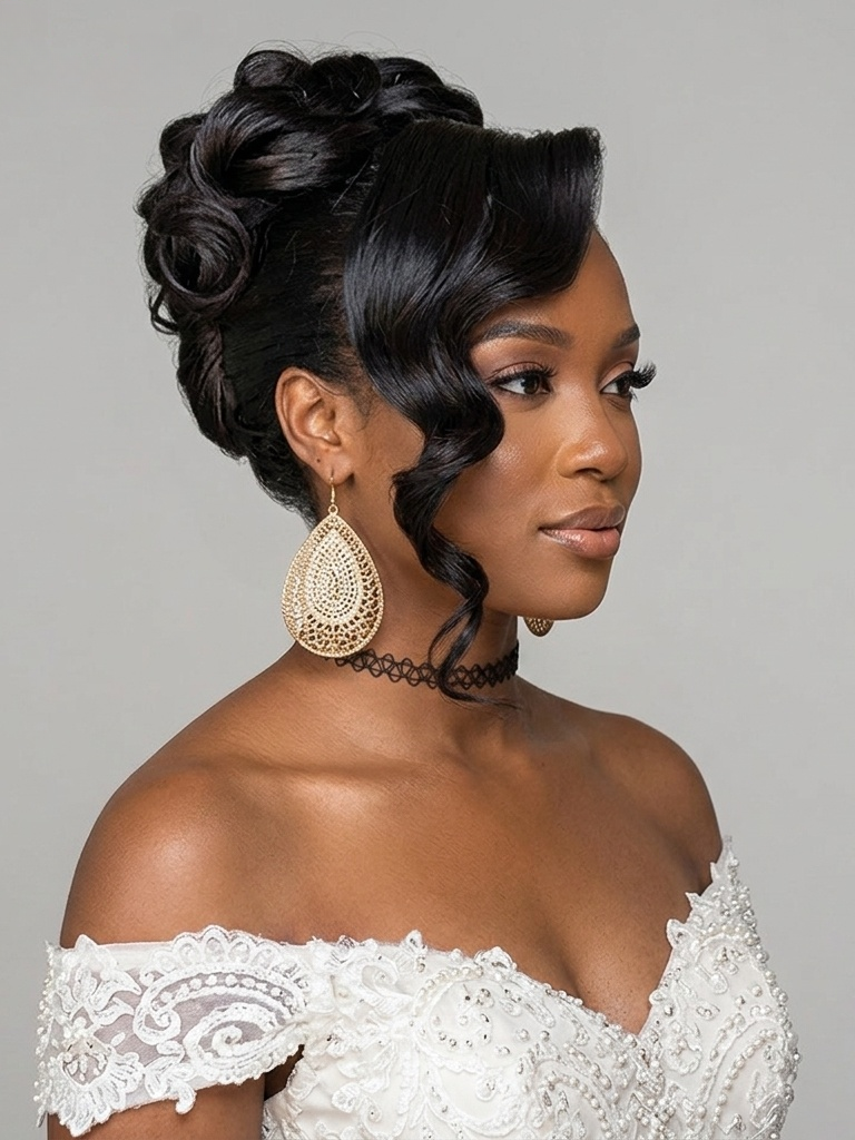 A woman with an elegant updo hairstyle wearing a white lace off-the-shoulder dress and large gold teardrop earrings, shown in profile against a neutral gray background.