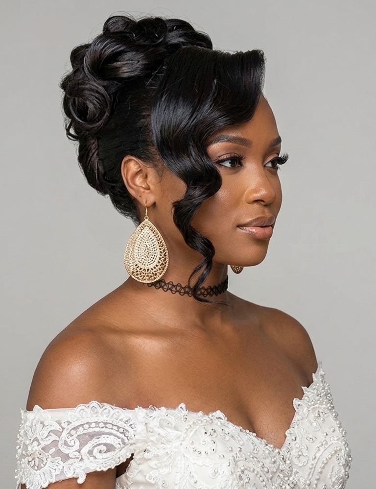 A woman with an elegant updo hairstyle wearing a white lace off-the-shoulder dress and large gold teardrop earrings, shown in profile against a neutral gray background.