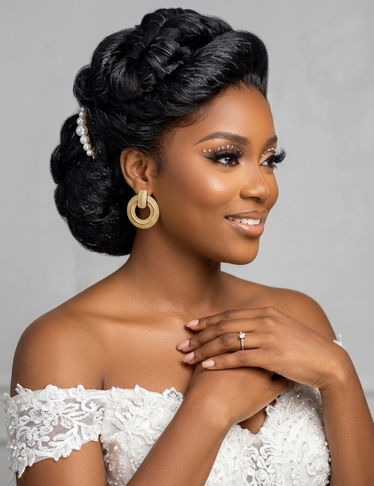 A woman with an elegant updo hairstyle wearing a white lace off-the-shoulder dress, gold hoop earrings, and a ring, posing against a neutral gray background.