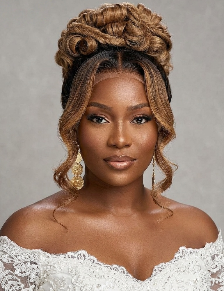 A woman with an elaborate updo hairstyle wearing a white lace off-the-shoulder top and gold earrings, photographed against a neutral gray background.
