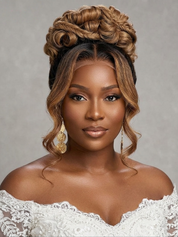 A woman with an elaborate updo hairstyle wearing a white lace off-the-shoulder top and gold earrings, photographed against a neutral gray background.
