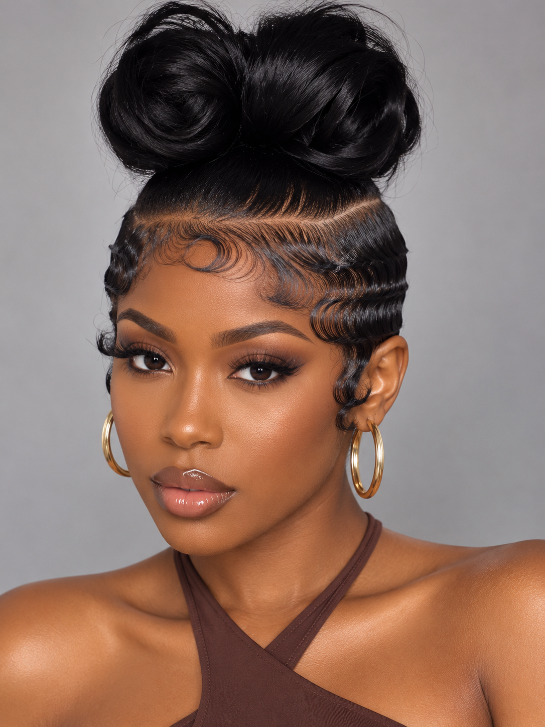Loyalrose Pre-styled wig Body wave+finger wave lace front 13*6 Black color without glue with bun