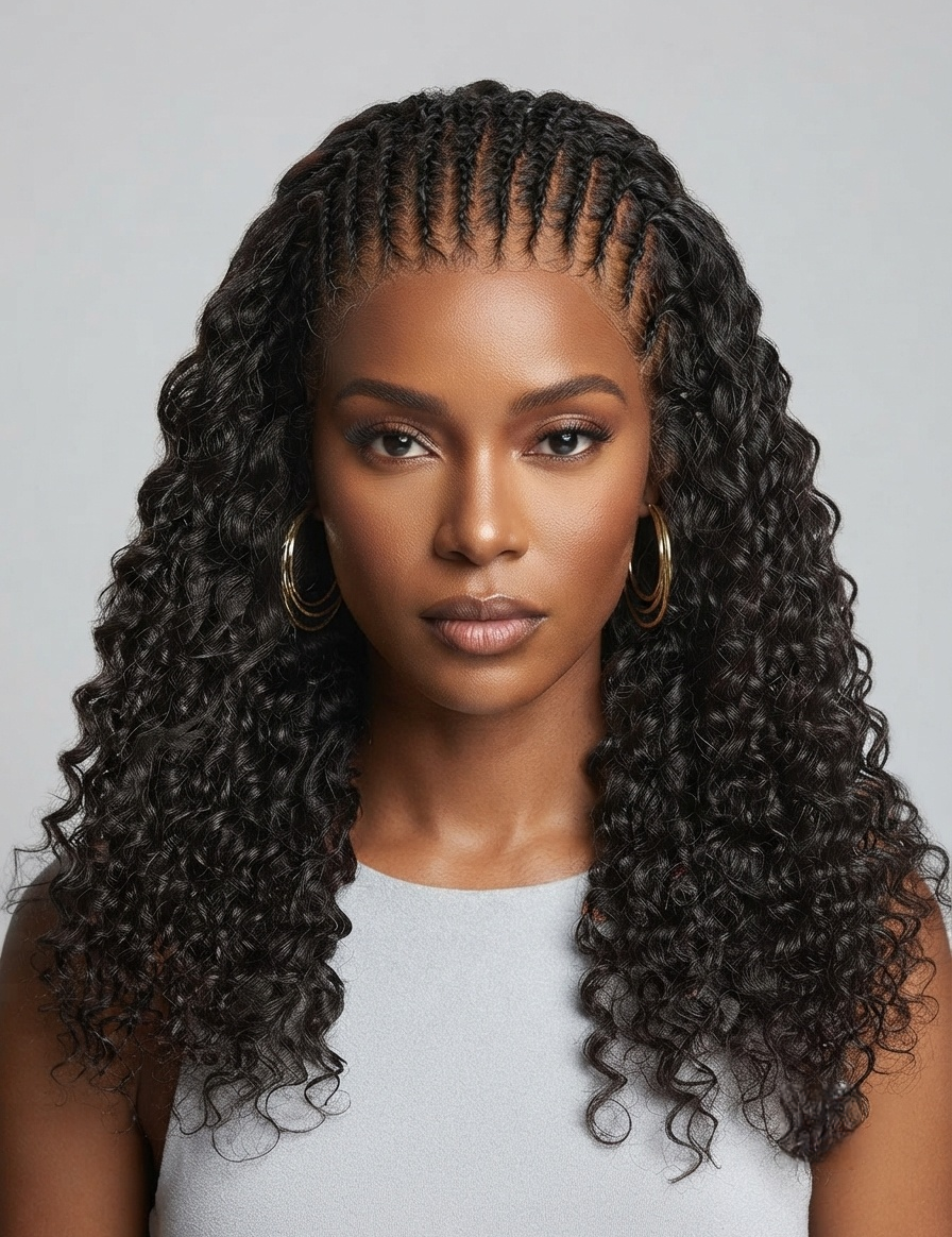 A woman with long, dark, curly hair styled in a cornrow braid with loose curls, wearing gold hoop earrings and a light gray top against a neutral gray background.