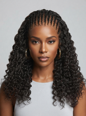 A woman with long, dark, curly hair styled in a cornrow braid with loose curls, wearing gold hoop earrings and a light gray top against a neutral gray background.