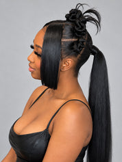 Loyalrose Pre-styled wig Straight Center part Full lace Black color without glue with Sleek low ponytail and Braided buns