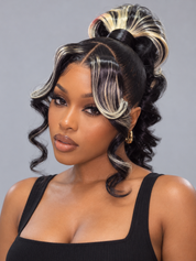 Loyalrose Pre-styled wig Body wave frontal lace 360 Central part Black mix blond color without glue with Bang&Ponytail 20 inches