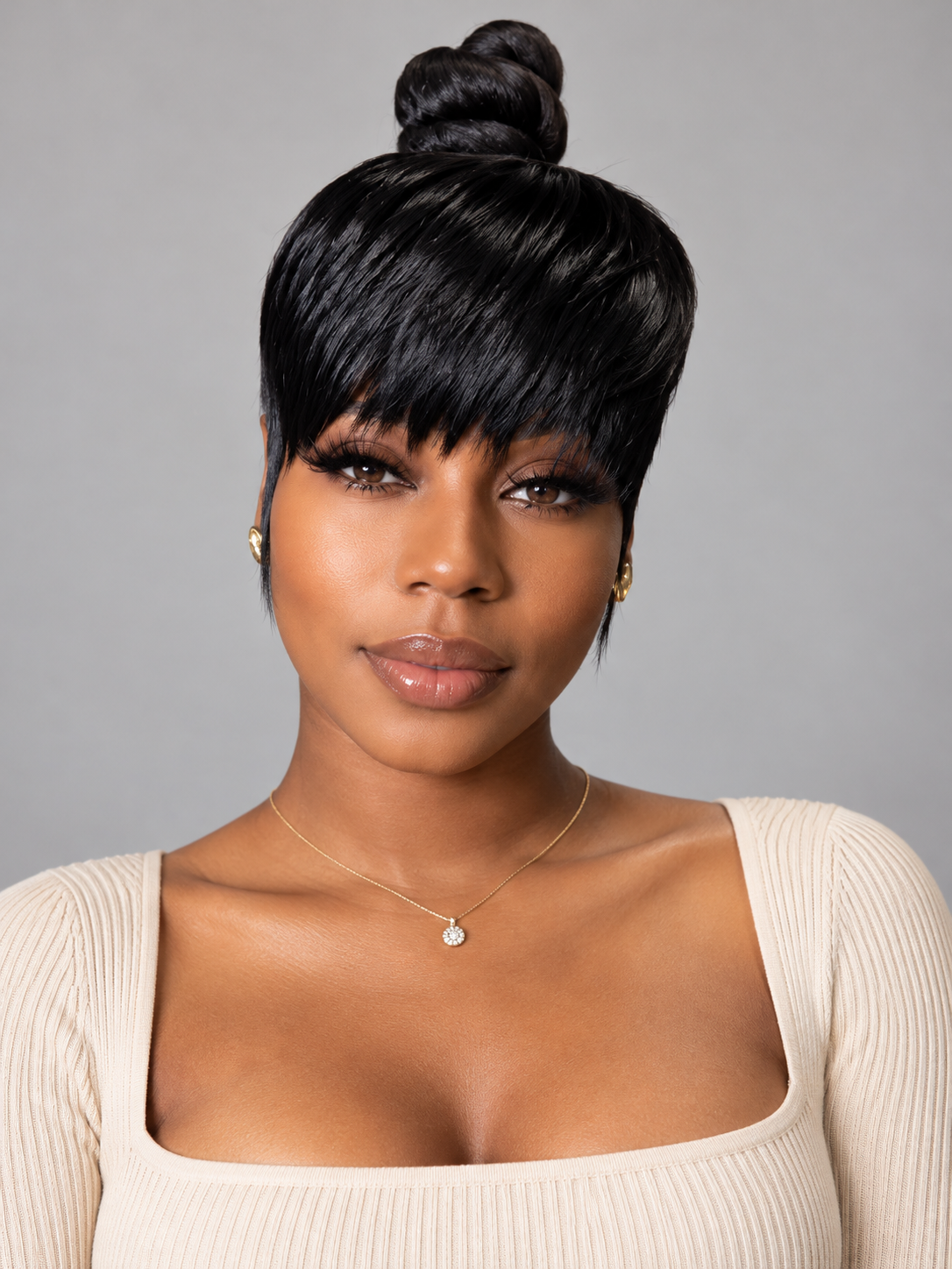 Loyalrose Pre-styled wig Straight lace 360 Black color without glue with Fringe and bun 16 inches