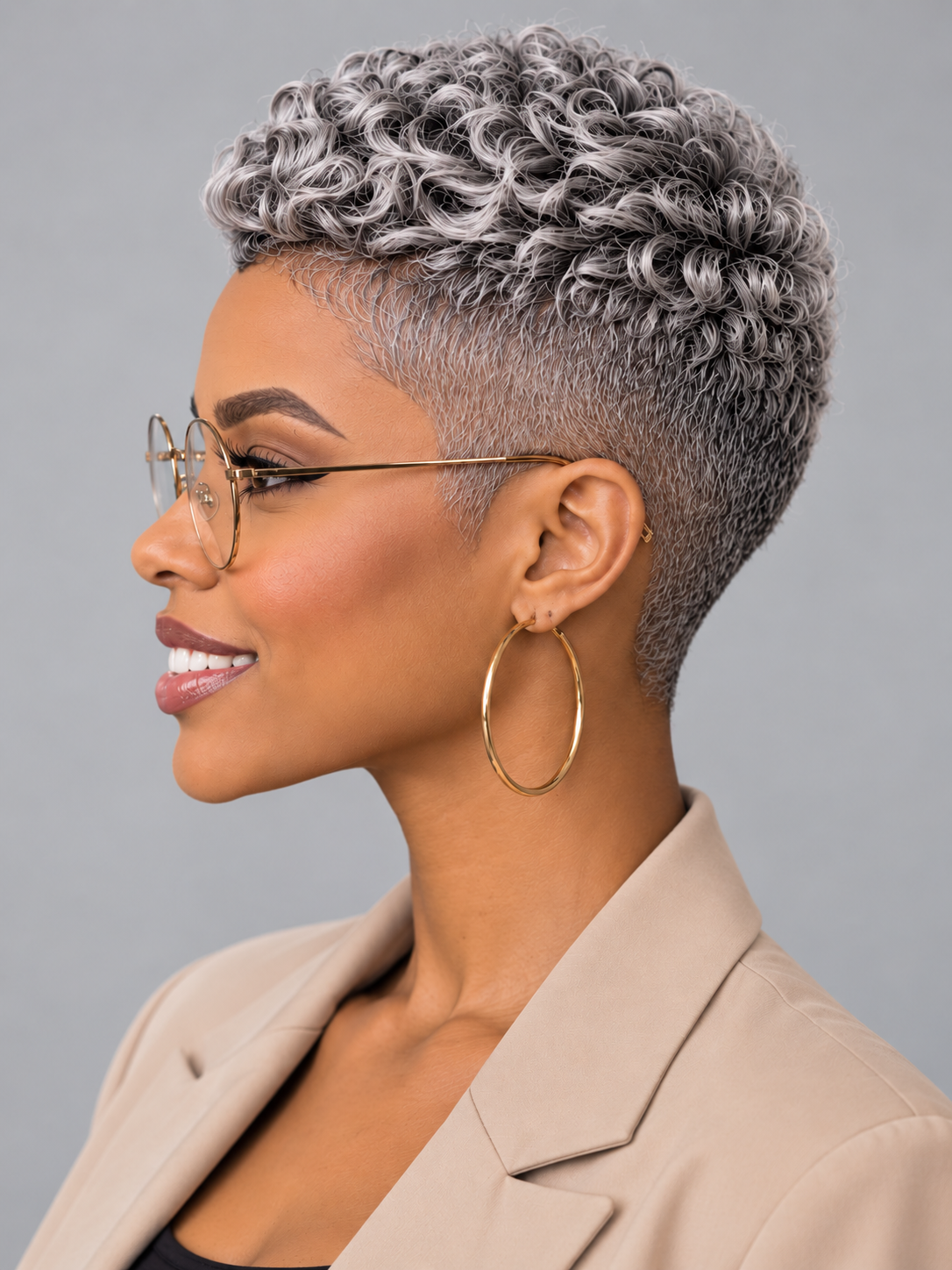 A woman in profile wearing a short, curly, salt-and-pepper gray wig, gold hoop earrings, and a beige blazer against a solid gray background.