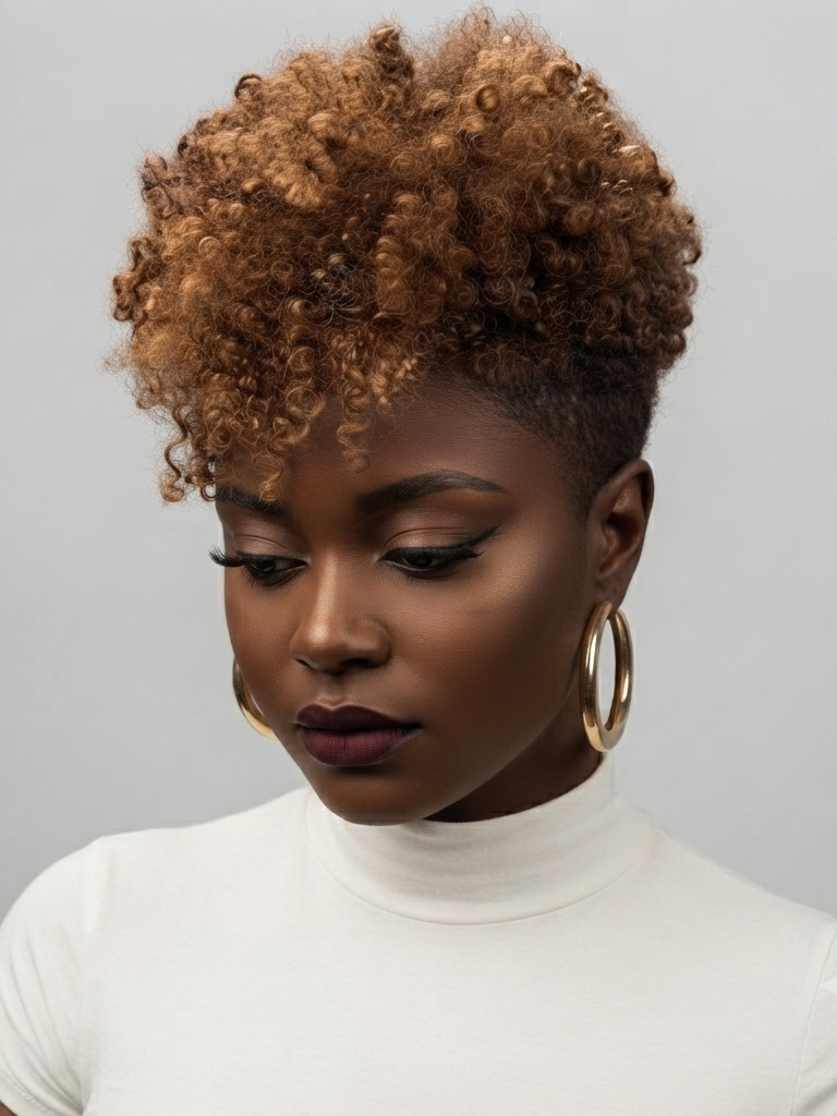 A close-up portrait of a woman with a short, voluminous, tightly curled afro hairstyle. She is wearing a white turtleneck top and large gold hoop earrings, looking down against a solid light gray background.