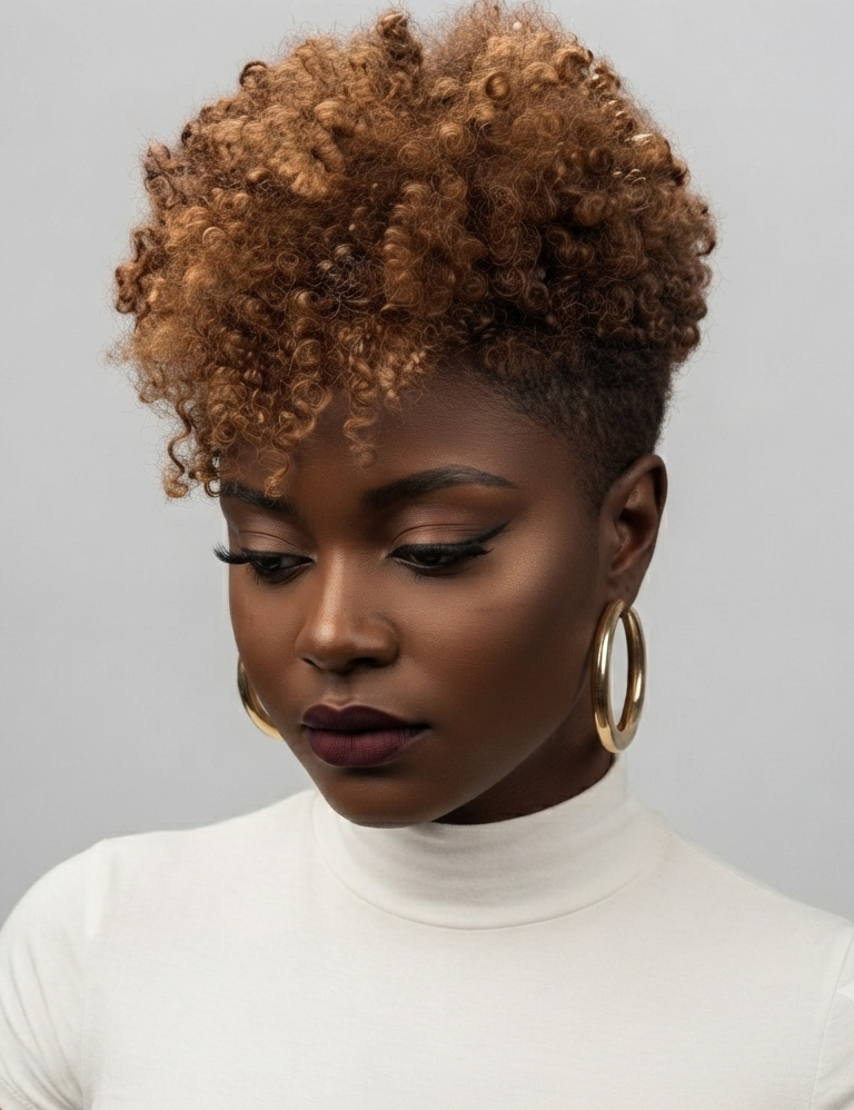 A close-up portrait of a woman with a short, voluminous, tightly curled afro hairstyle. She is wearing a white turtleneck top and large gold hoop earrings, looking down against a solid light gray background.