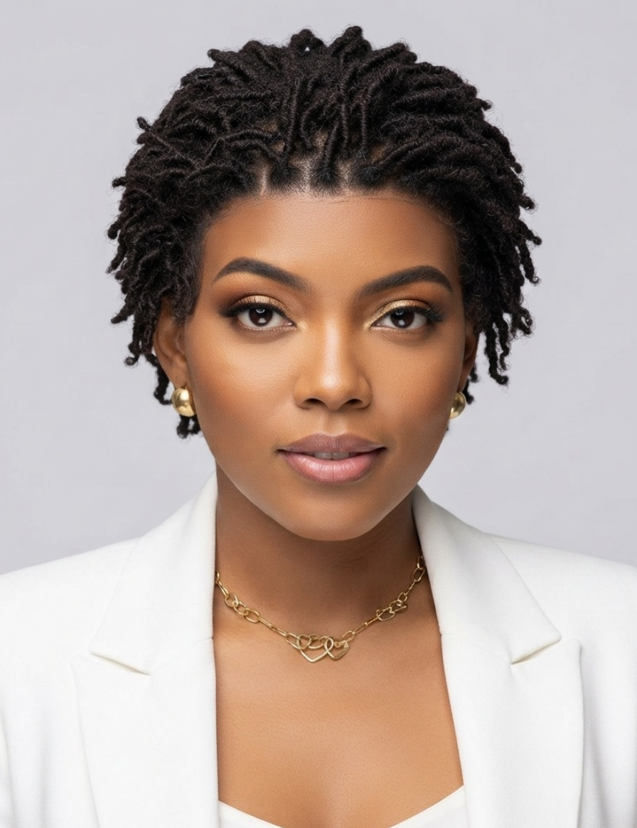 A woman with short, styled black dreadlocks is shown from the chest up, wearing a white blazer, a gold chain necklace, and small gold earrings against a light gray studio background.