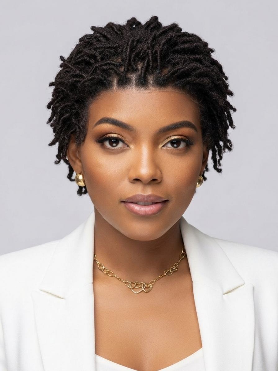 A woman with short, styled black dreadlocks is shown from the chest up, wearing a white blazer, a gold chain necklace, and small gold earrings against a light gray studio background.
