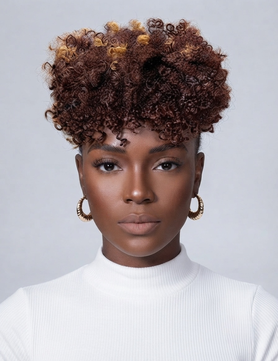 A close-up portrait of a model with short, voluminous curly hair in dark brown with warm caramel and honey blonde highlights, wearing a white ribbed turtleneck and gold hoop earrings against a light gray background.