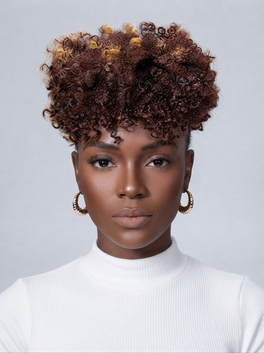 A close-up portrait of a model with short, voluminous curly hair in dark brown with warm caramel and honey blonde highlights, wearing a white ribbed turtleneck and gold hoop earrings against a light gray background.