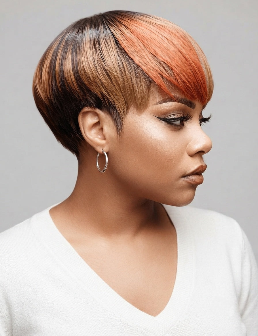 A woman shown in profile wearing a short pixie wig with a dark brown root and warm copper-orange highlights, paired with a white V-neck top against a plain light gray background.