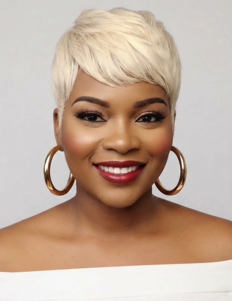 A smiling woman with a short, layered platinum blonde wig, wearing large gold hoop earrings and a white off-the-shoulder top against a light gray background.