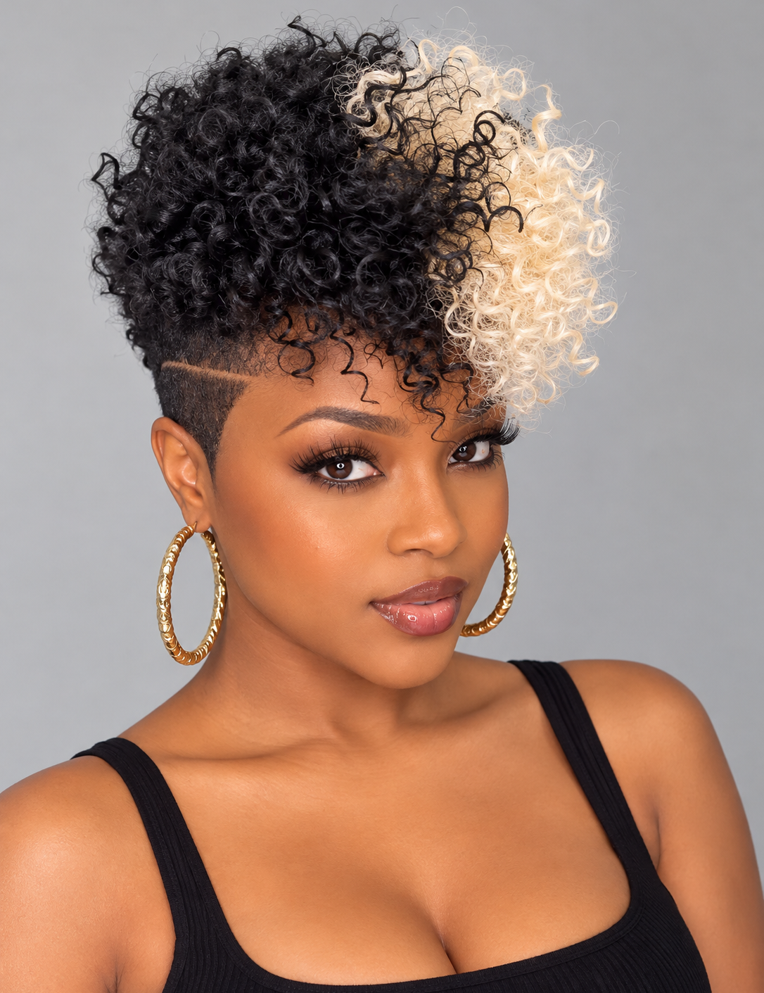 Loyalrose_8_Inch_Afro_Lowcut_Pixie_Wig_Front_View_-_Black_Mix_Blond_Human_Hair_with_Hard_Part.png