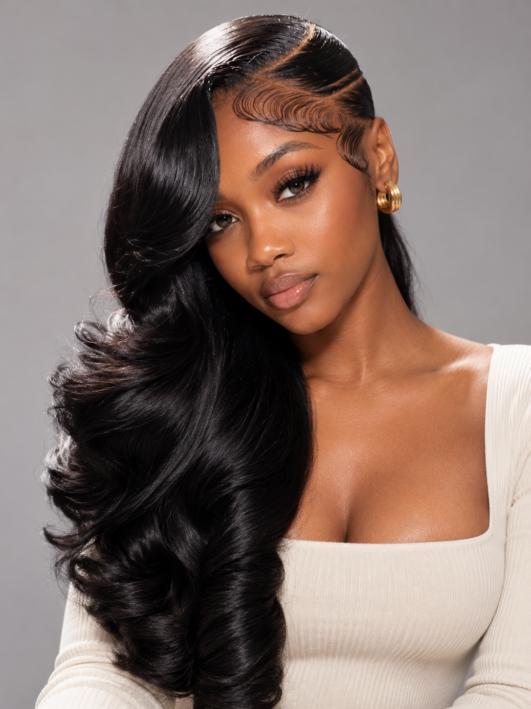 Loyalrose Pre-styled wig Body wave side part Full lace Black color without glue with Slick Back Asymmetrical style and Cornrow Detail
