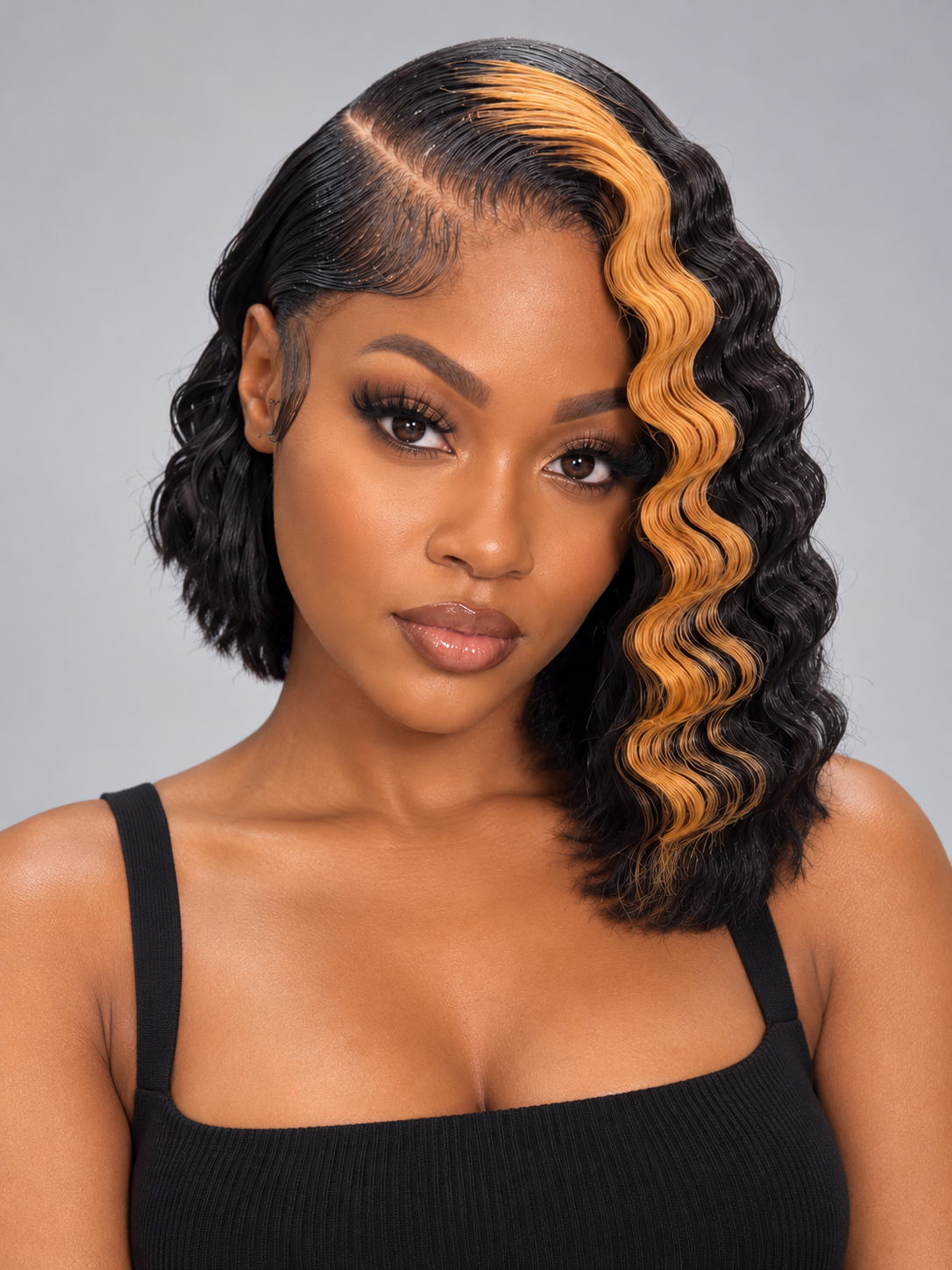 Loyalrose Bob Wig Deep wave Black mix brown color frontal lace 13x4 Glueless 100% Human Hair asymmetrical style