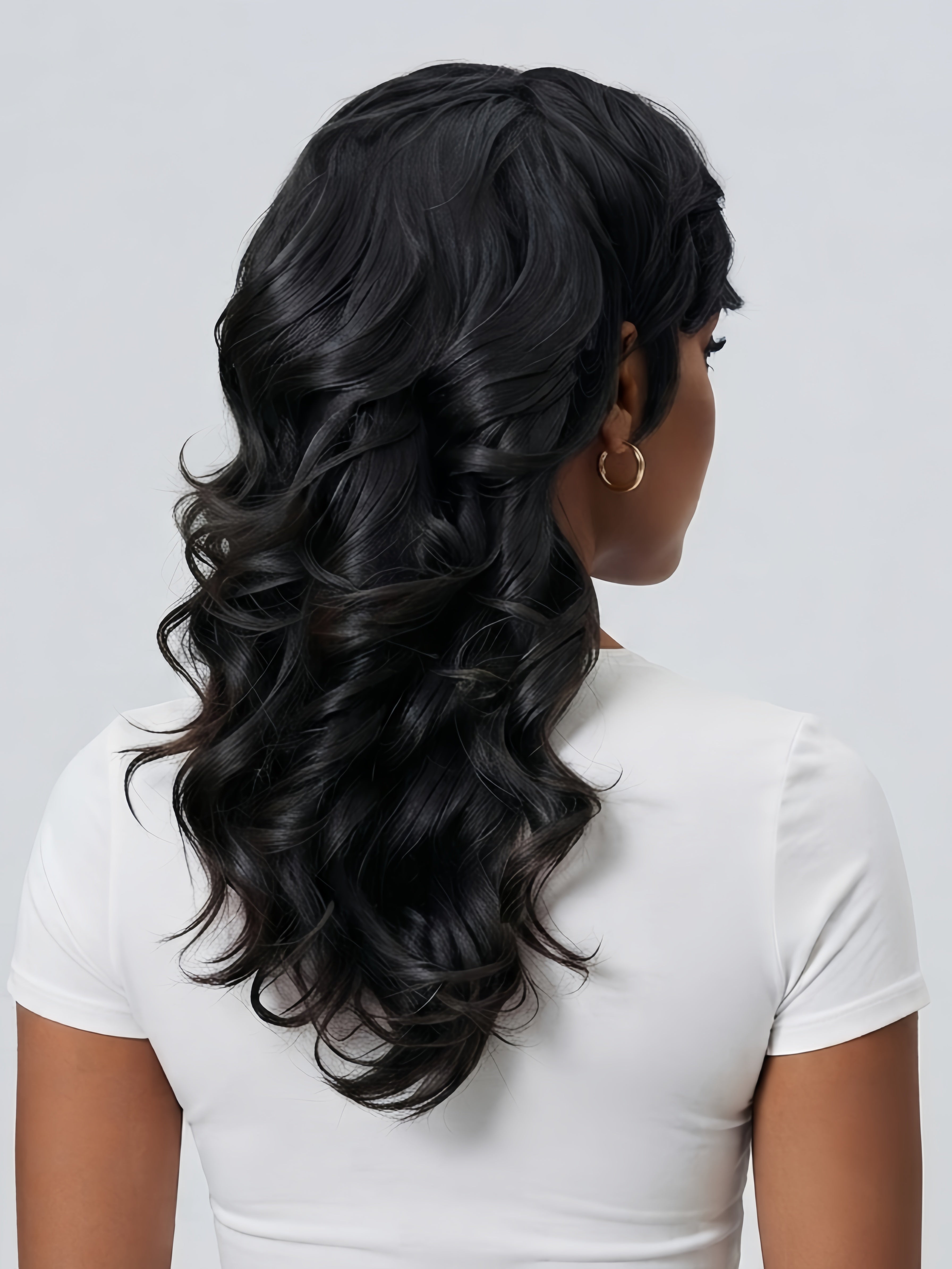 A close-up of the back of this long, curly wolf head wig showcases its unique layering and voluminous wavy texture. The hair cascades down like a waterfall, creating a layered, voluminous effect that highlights the dynamism and density of the black human hair.