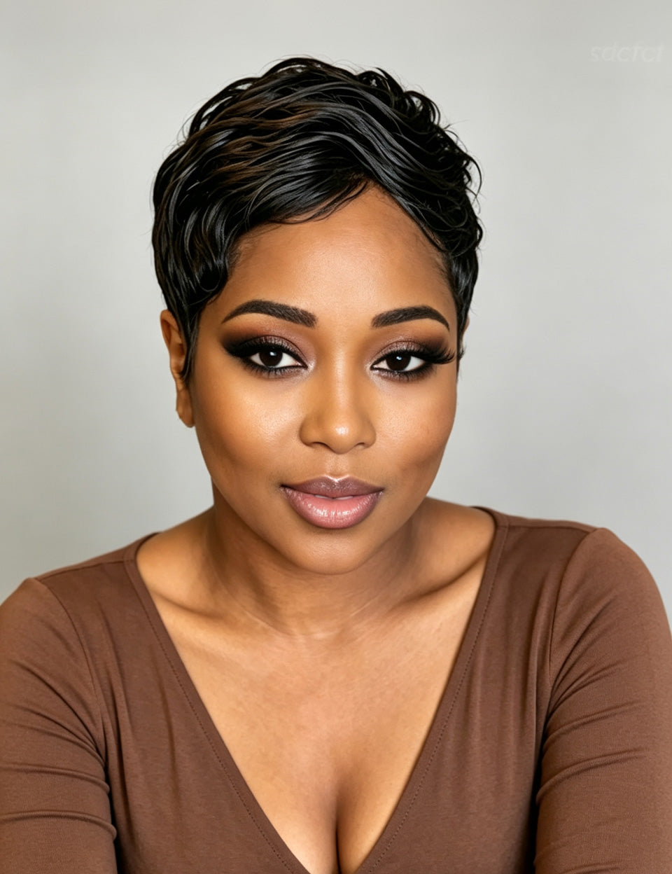 A close-up portrait of a woman with short, styled black hair wearing a brown V-neck top against a plain light gray background.