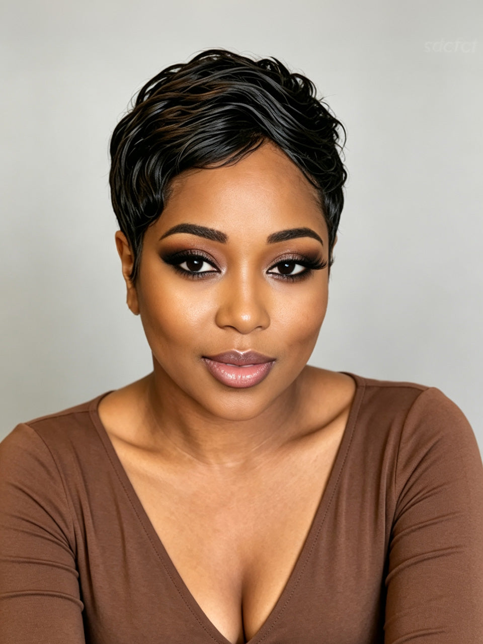 A close-up portrait of a woman with short, styled black hair wearing a brown V-neck top against a plain light gray background.