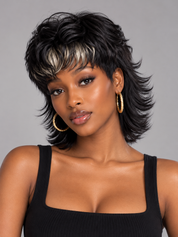 Loyalrose Black Bangs Long Money Piece Highlights Mullet Wig 100% human hair Glueless Machine Made Short layered cut