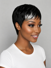 A woman wearing a short black pixie wig with a bold silver streak through her hair, styled with a white crew-neck t-shirt against a neutral gray background.