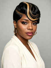 A woman with a styled black wig featuring dramatic golden-brown highlights, wearing a cream draped top and gold hoop earrings against a neutral gray background.