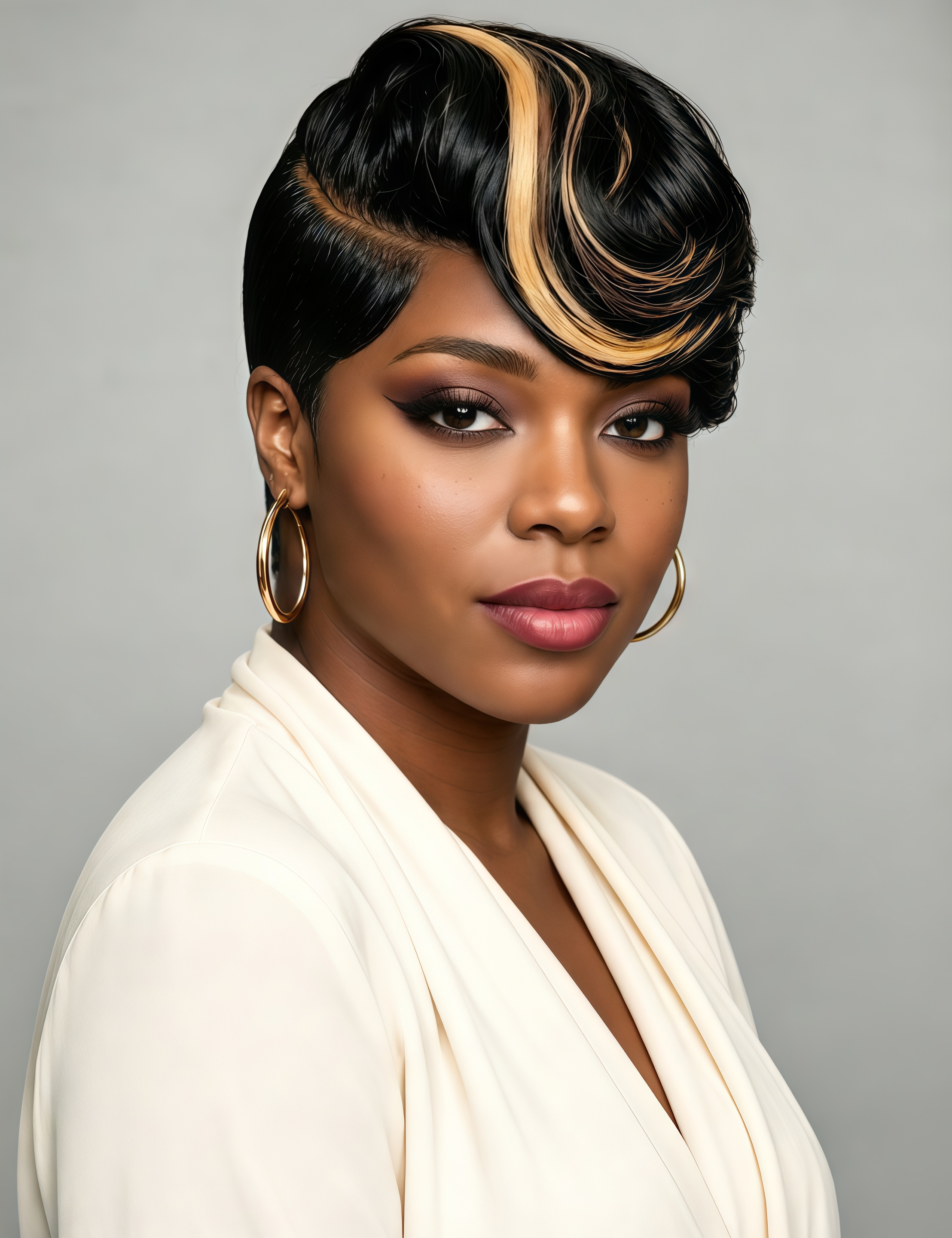 A woman with a styled black wig featuring dramatic golden-brown highlights, wearing a cream draped top and gold hoop earrings against a neutral gray background.