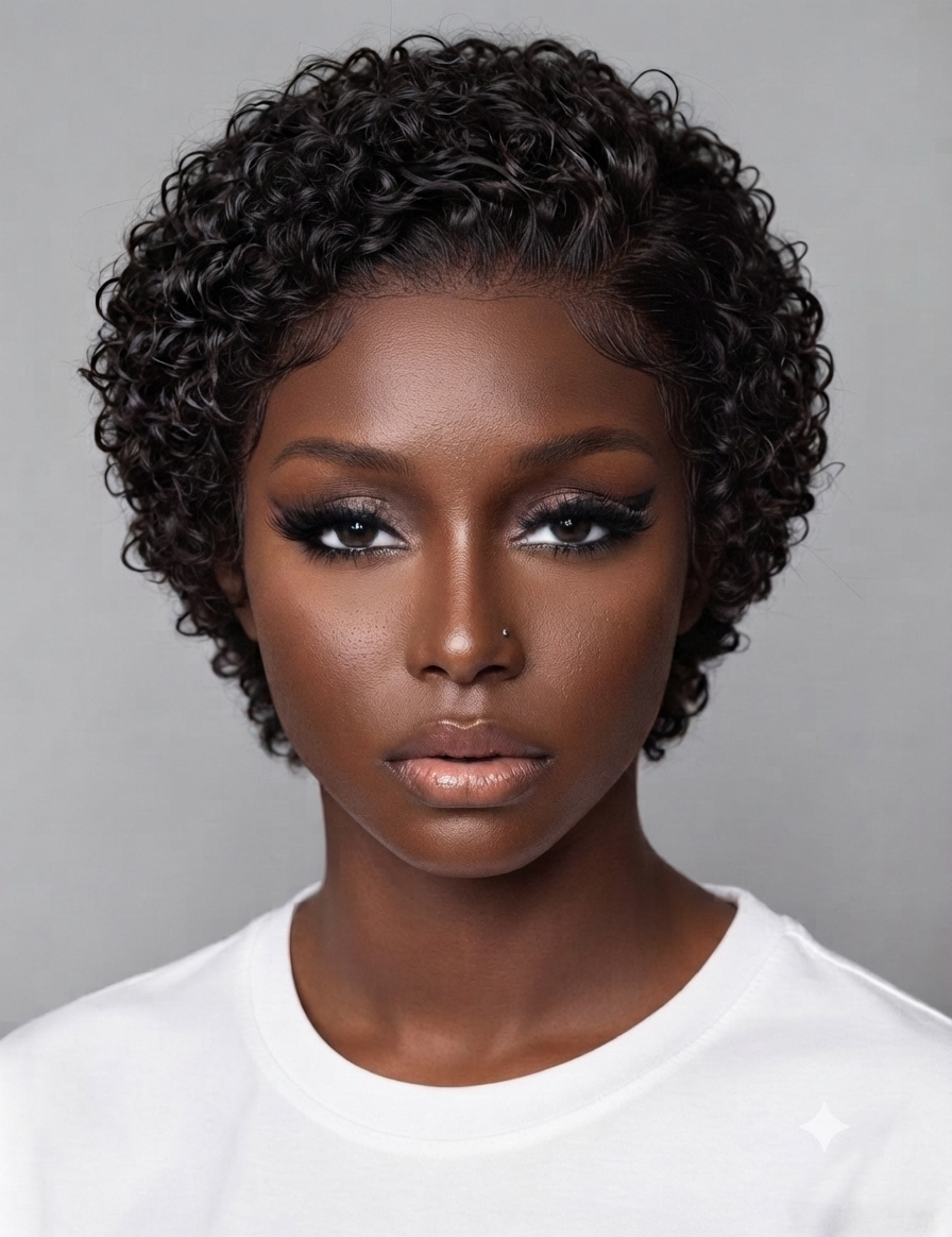 A close-up portrait of a model with short, curly black hair wearing a white crew-neck t-shirt against a solid gray background.
