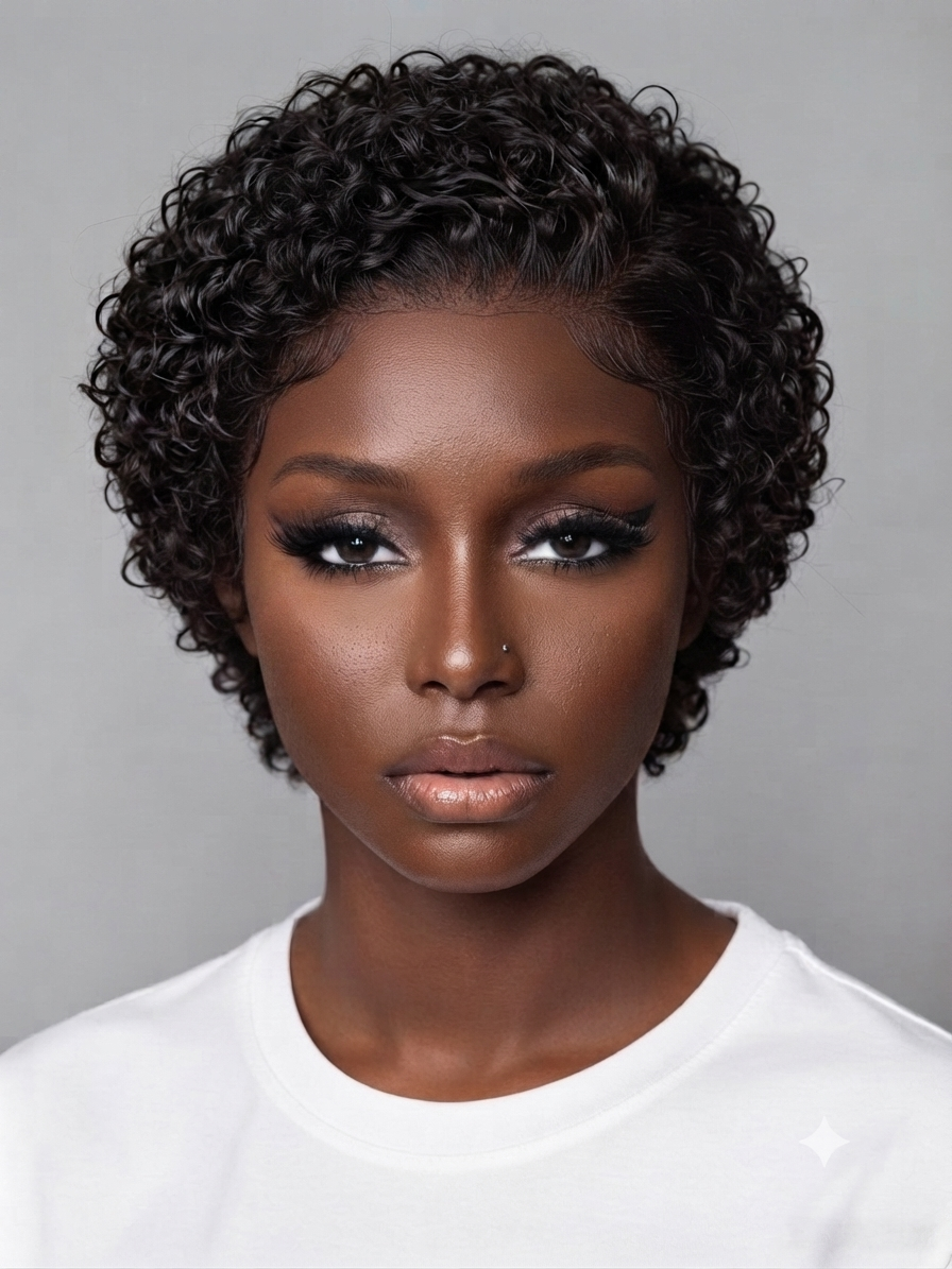 A close-up portrait of a model with short, curly black hair wearing a white crew-neck t-shirt against a solid gray background.