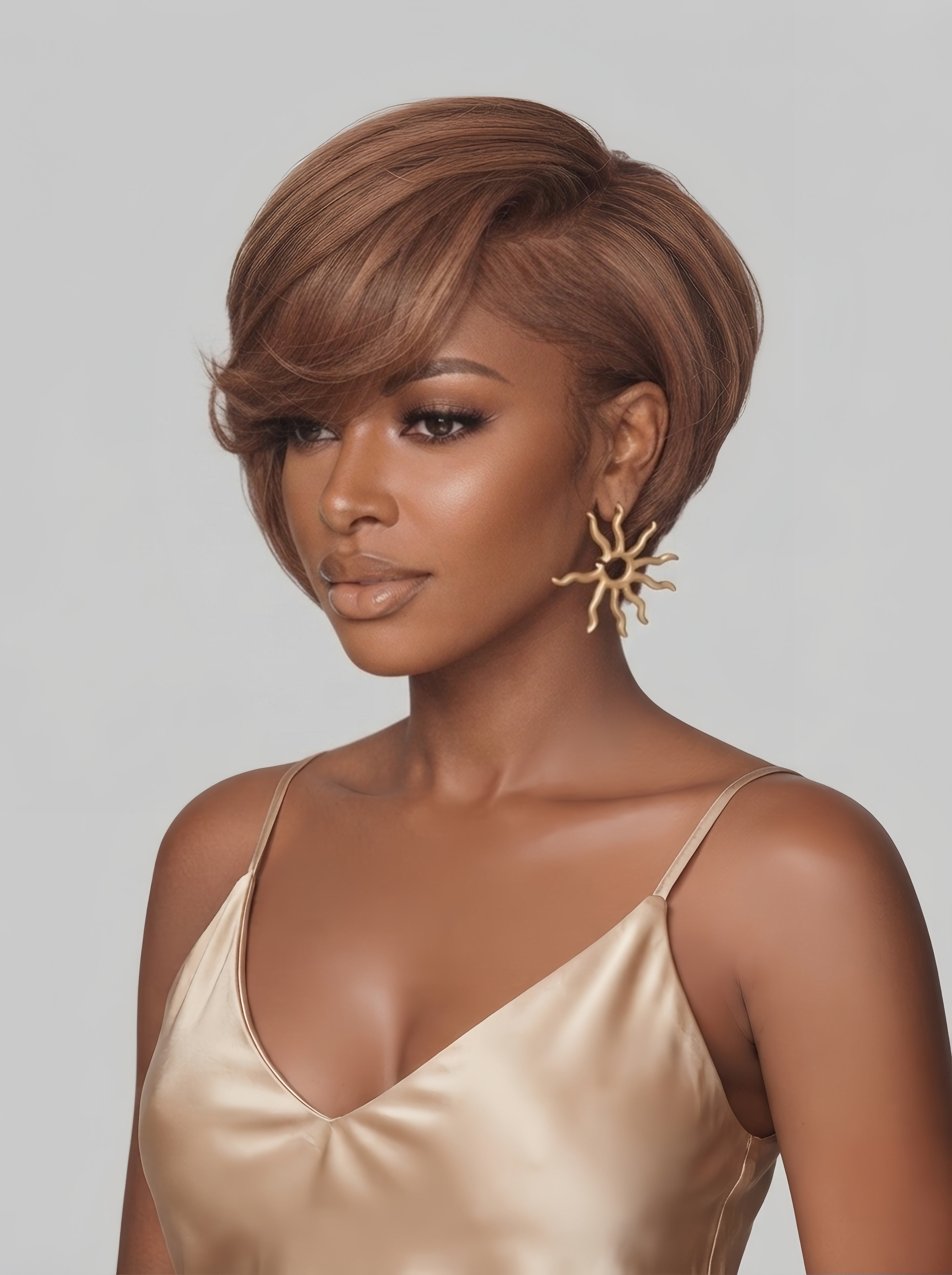 Profile view displaying the tapered nape and stacked layers at the back of the short brown wig. This angle reveals the precision of the pixie cut and how the hair sweeps naturally around the ear for a polished finish.