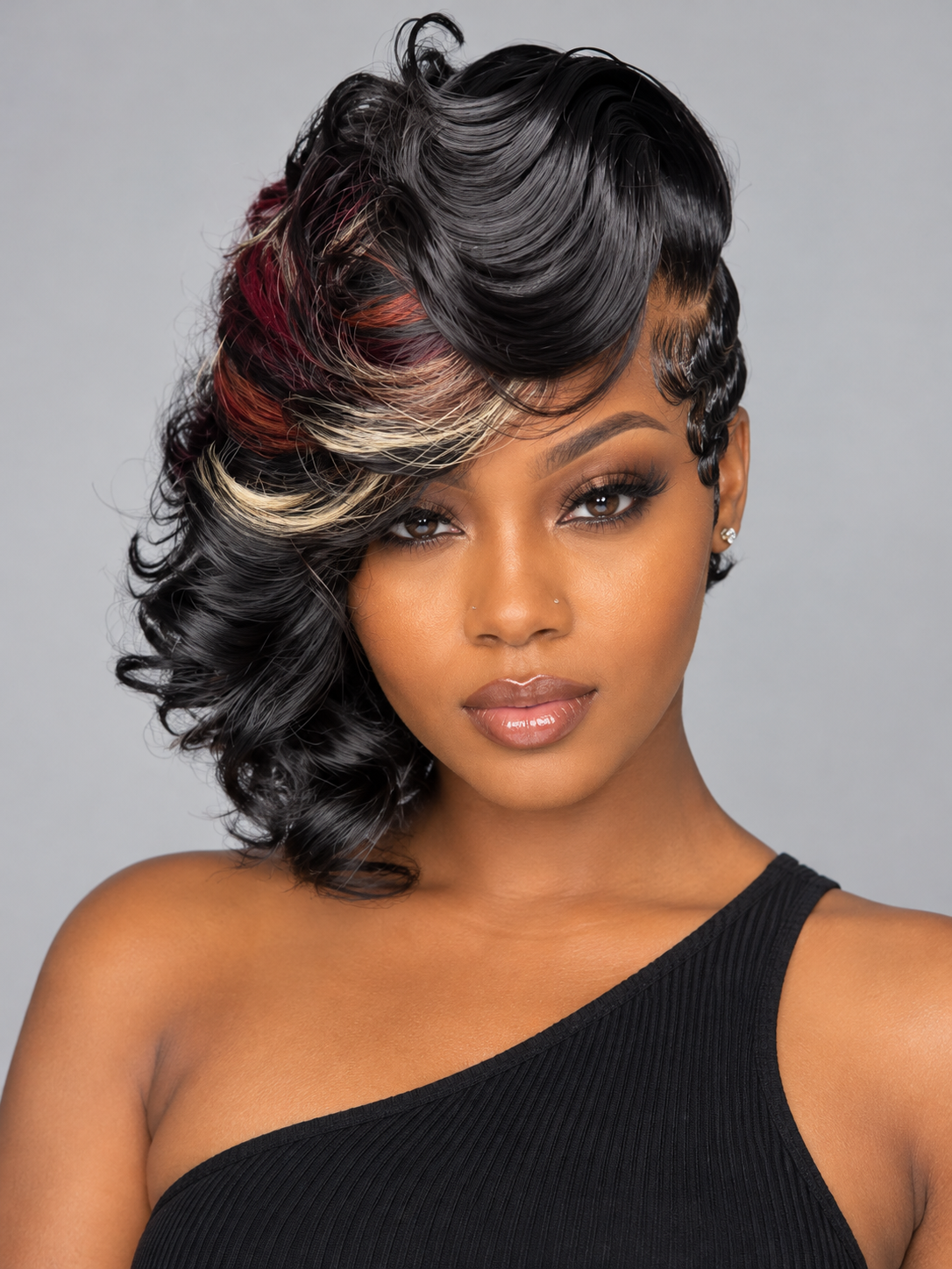 Loyalrose Bob wig frontal lace 13*6 Side part Black color with highlighted bangs without glue Finger wave+Asymmetrical Layered style