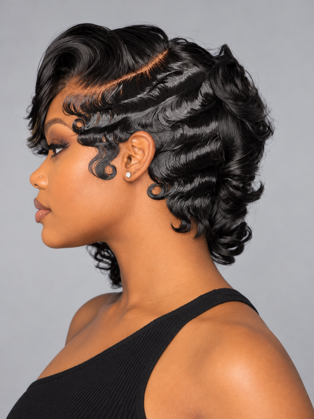 Loyalrose Bob wig frontal lace 13*6 Side part Black color with highlighted bangs without glue Finger wave+Asymmetrical Layered style