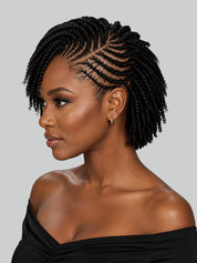 A woman shown in profile wearing a short, styled black braided hairstyle with tight cornrow-like twists and a side part. She is wearing a black off-the-shoulder top against a plain light gray studio background.