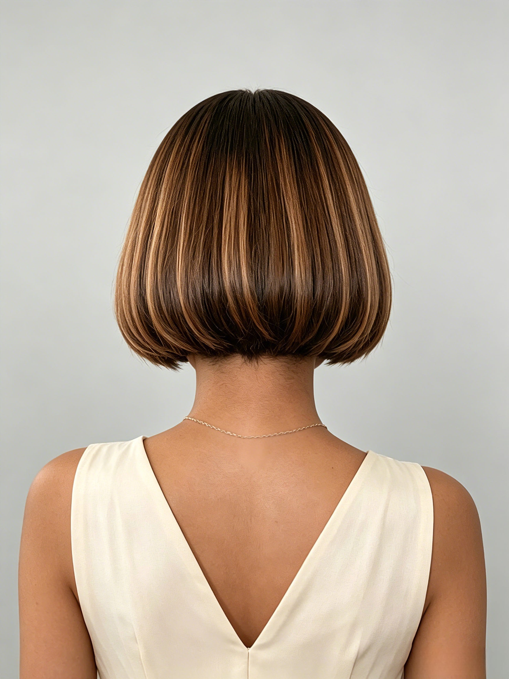 Back view revealing the tapered nape cut and smooth layering of the short wig topper. The clean finish at the neckline demonstrates the precise craftsmanship and natural fall of the human hair.