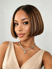 Slightly angled view showcasing the layered texture and natural movement of the brown bob topper. This perspective highlights the realistic density and how the hairpiece blends seamlessly for a fuller look.