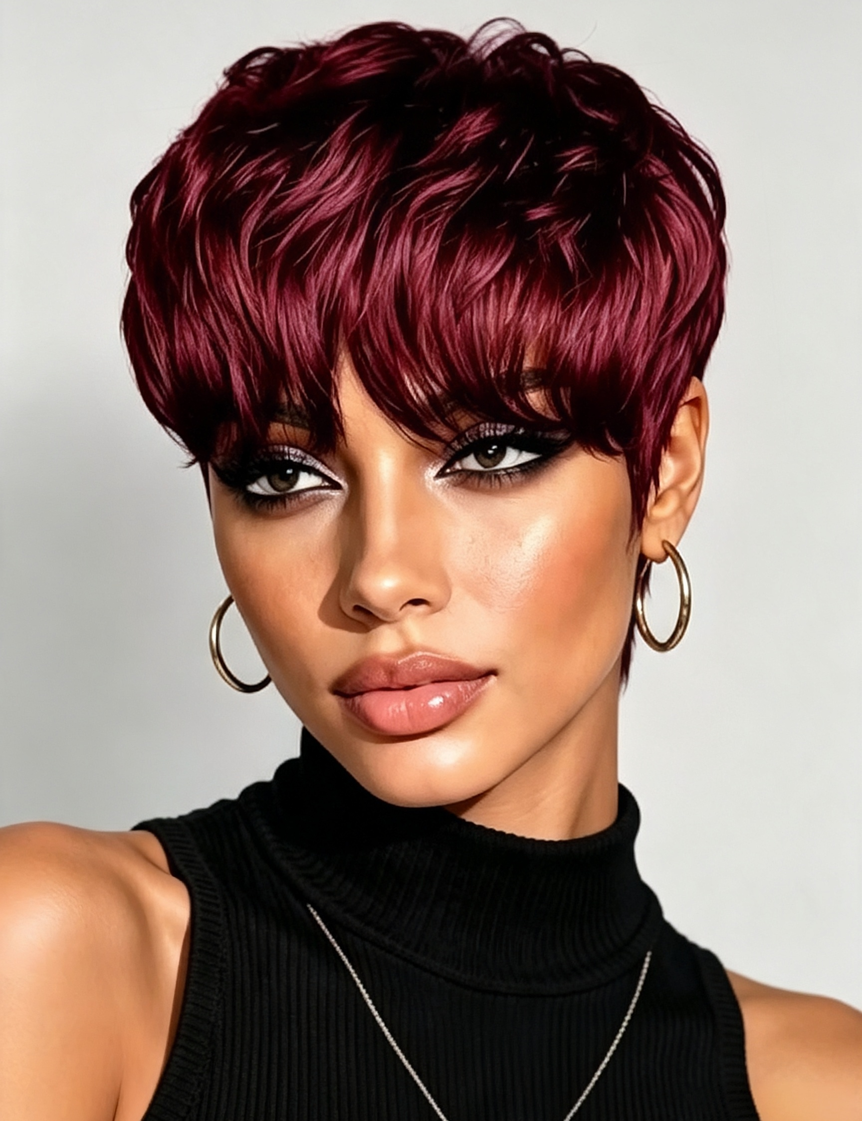 A close-up portrait of a model with a short, textured pixie wig in deep burgundy. The wig features layered, crimped ends and full-length bangs.