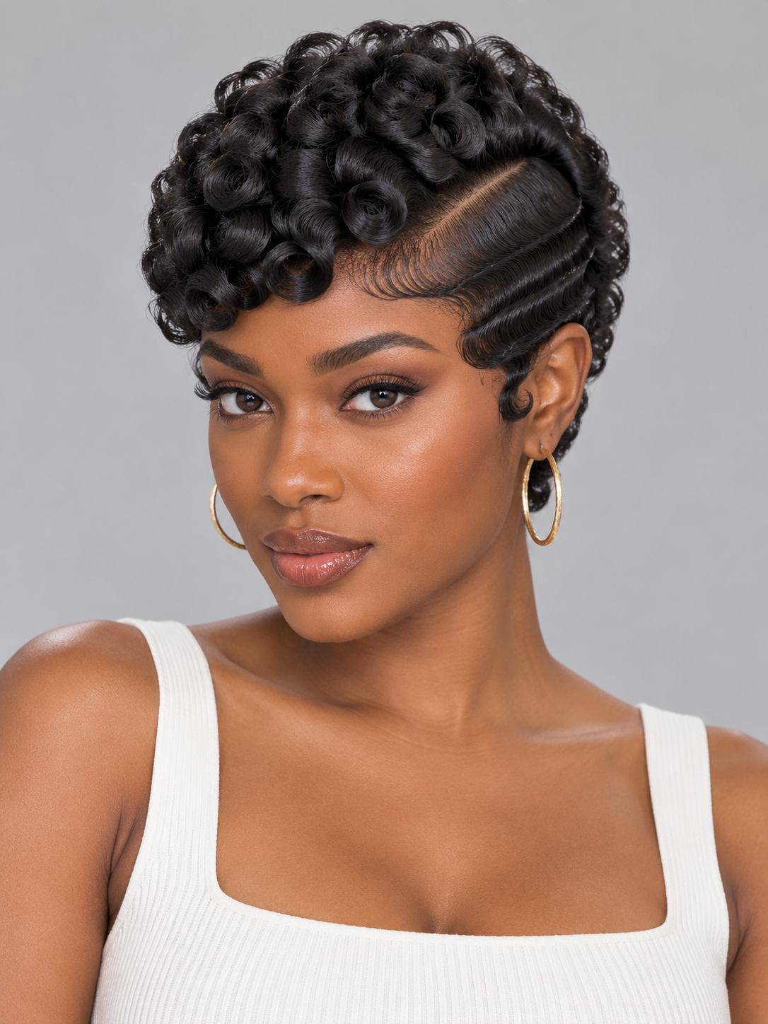 Loyalrose Pixie wig free part Deep curly& Finger wave Black 100% human hair with lace 13*4 Glueless