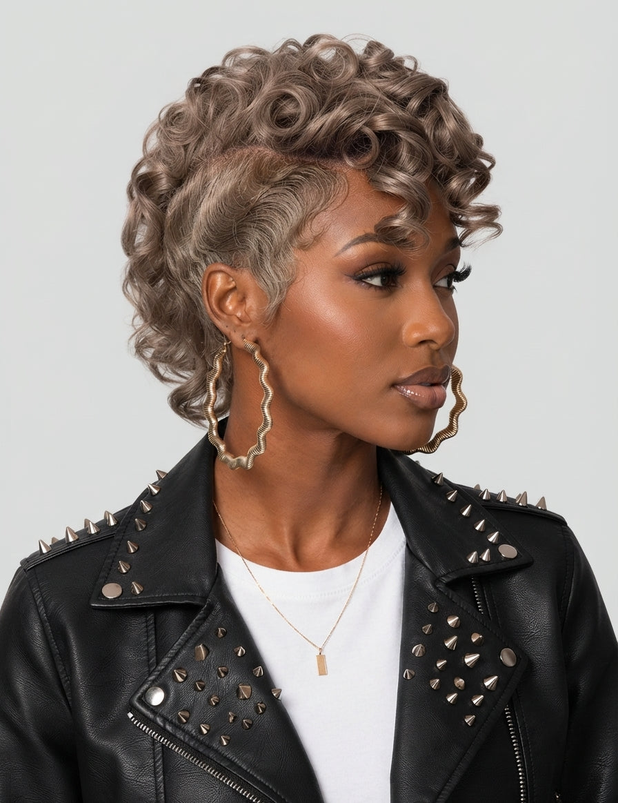 A woman wearing a short, voluminous curly wig with a cool ash-blonde or silver-gray tone, styled with a side part. She is wearing a black studded leather jacket, a white t-shirt, and large gold hoop earrings against a solid light gray background.