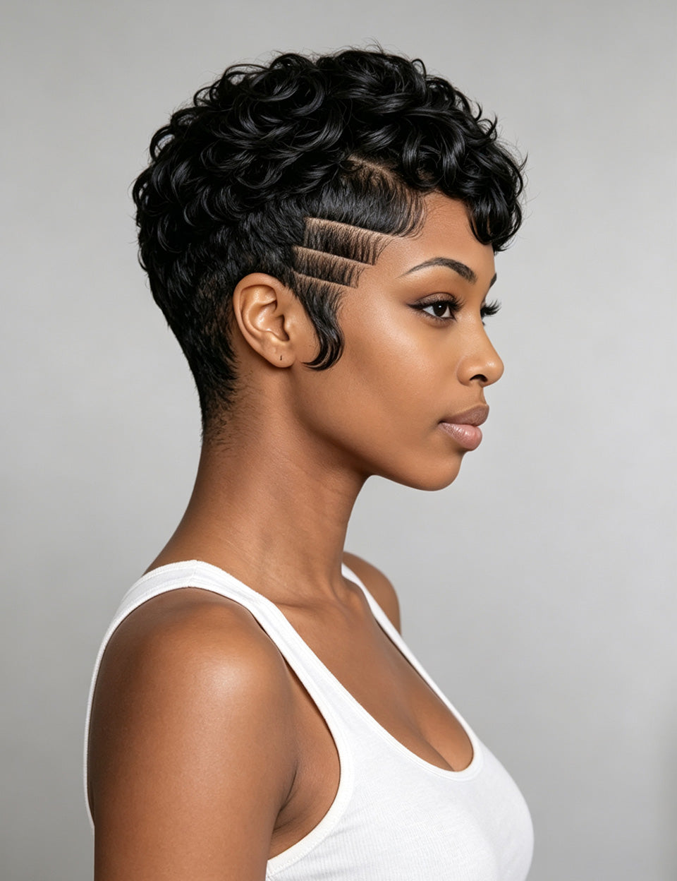Side view of short human hair pixie cut wig with finger waves