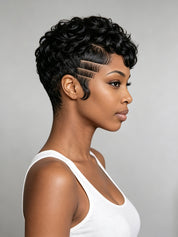 Side view of short human hair pixie cut wig with finger waves