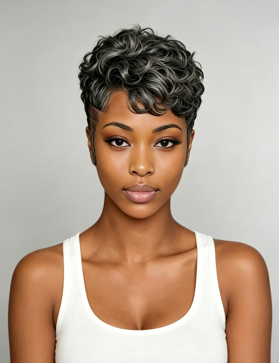 Loyalrose edgy pixie finger wave wig in salt and pepper color on black woman