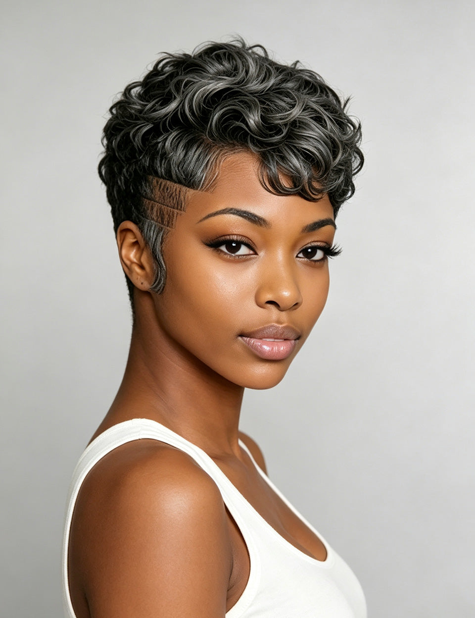 Loyalrose edgy pixie finger wave wig in salt and pepper color on black woman