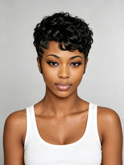 Loyalrose edgy pixie finger wave wig in black color on black woman