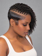A woman with a short, styled hairstyle featuring dark curly cornrow braids and a clean side part, wearing a white ribbed tank top against a solid gray background.