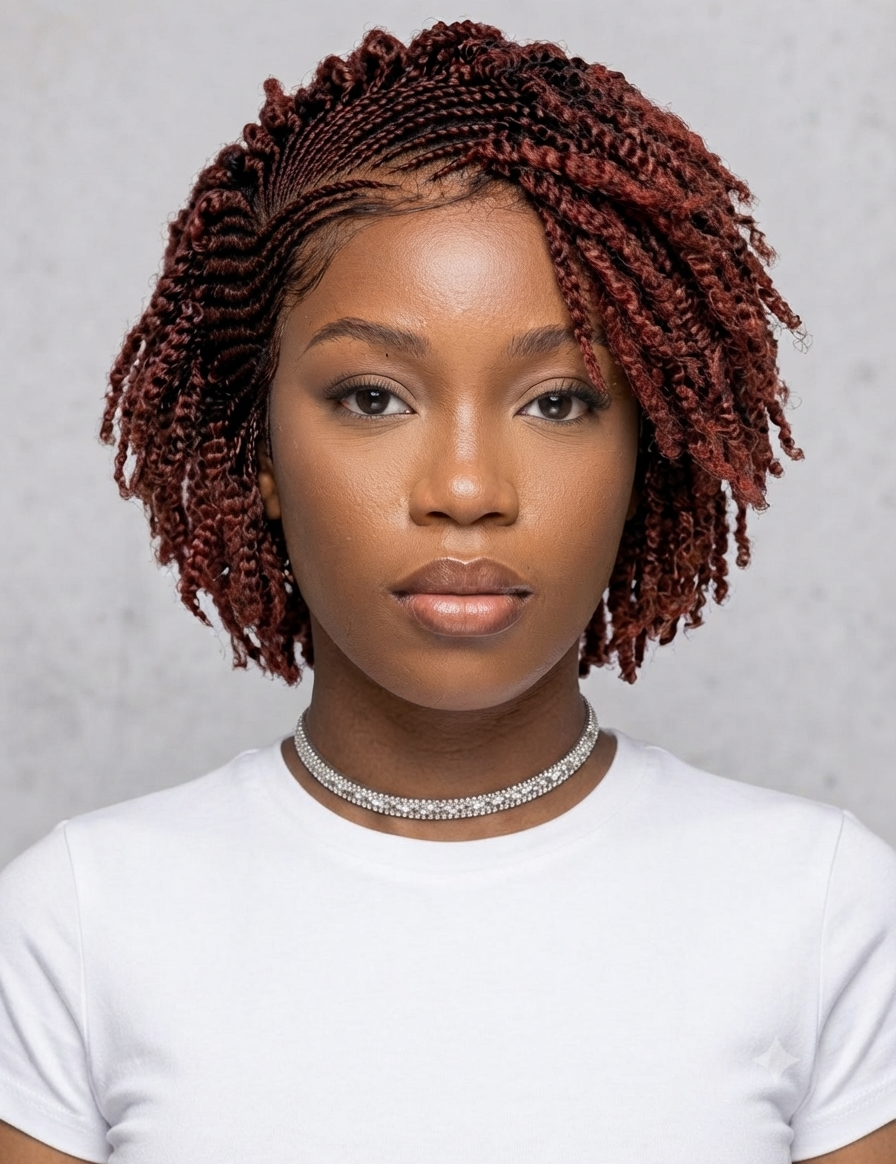 A woman with short, tight, reddish-brown box braids or twists wearing a white t-shirt and a sparkly silver choker, set against a neutral gray background.