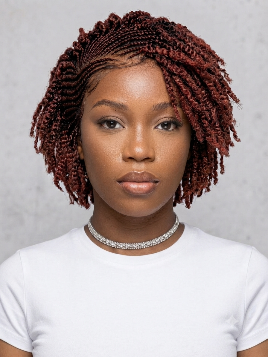 A woman with short, tight, reddish-brown box braids or twists wearing a white t-shirt and a sparkly silver choker, set against a neutral gray background.