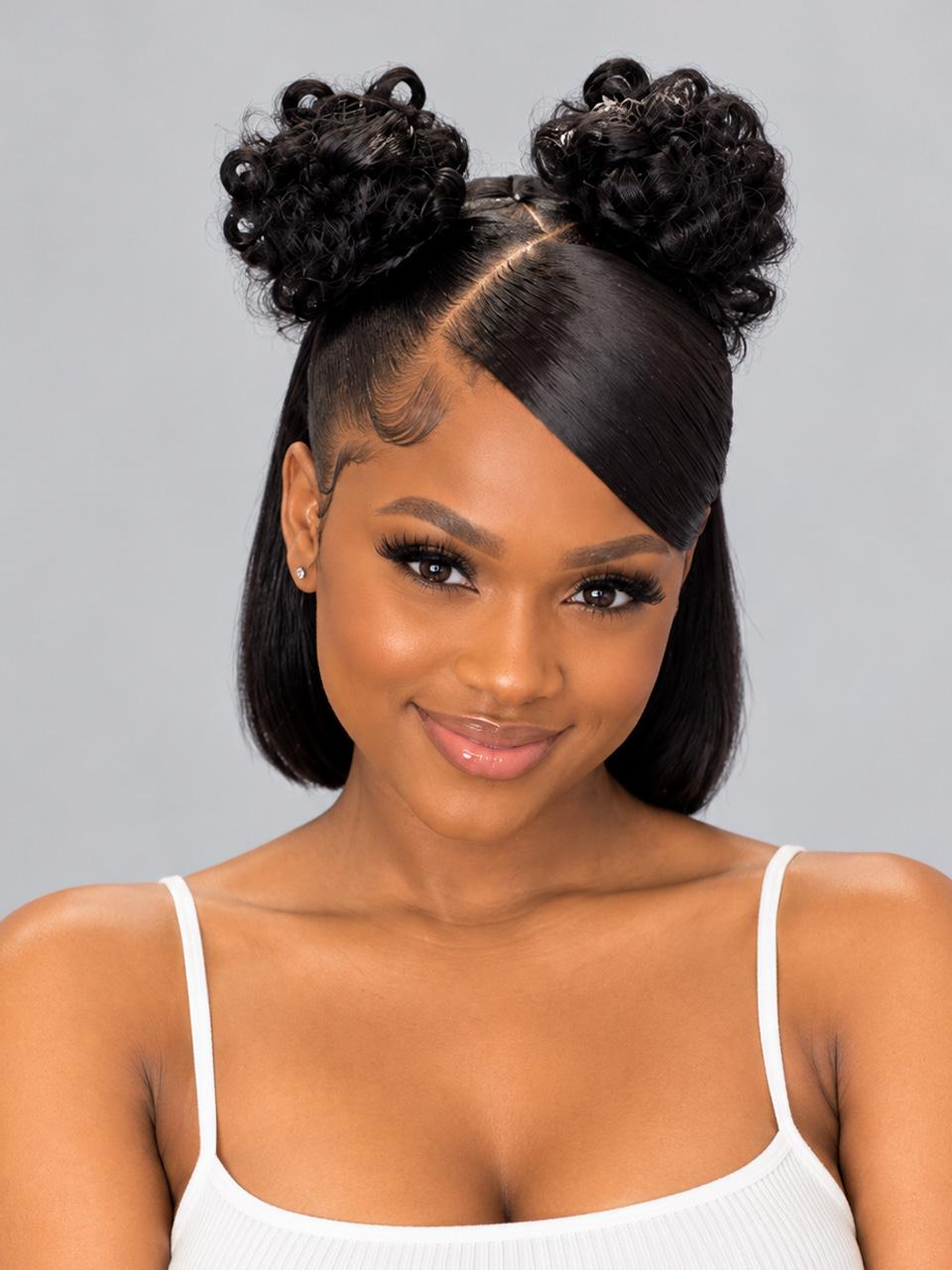 Loyalrose Pre-styled wig straight frontal lace 13*6 Side part Black color without glue with Fringe and 2 bun 12 inches